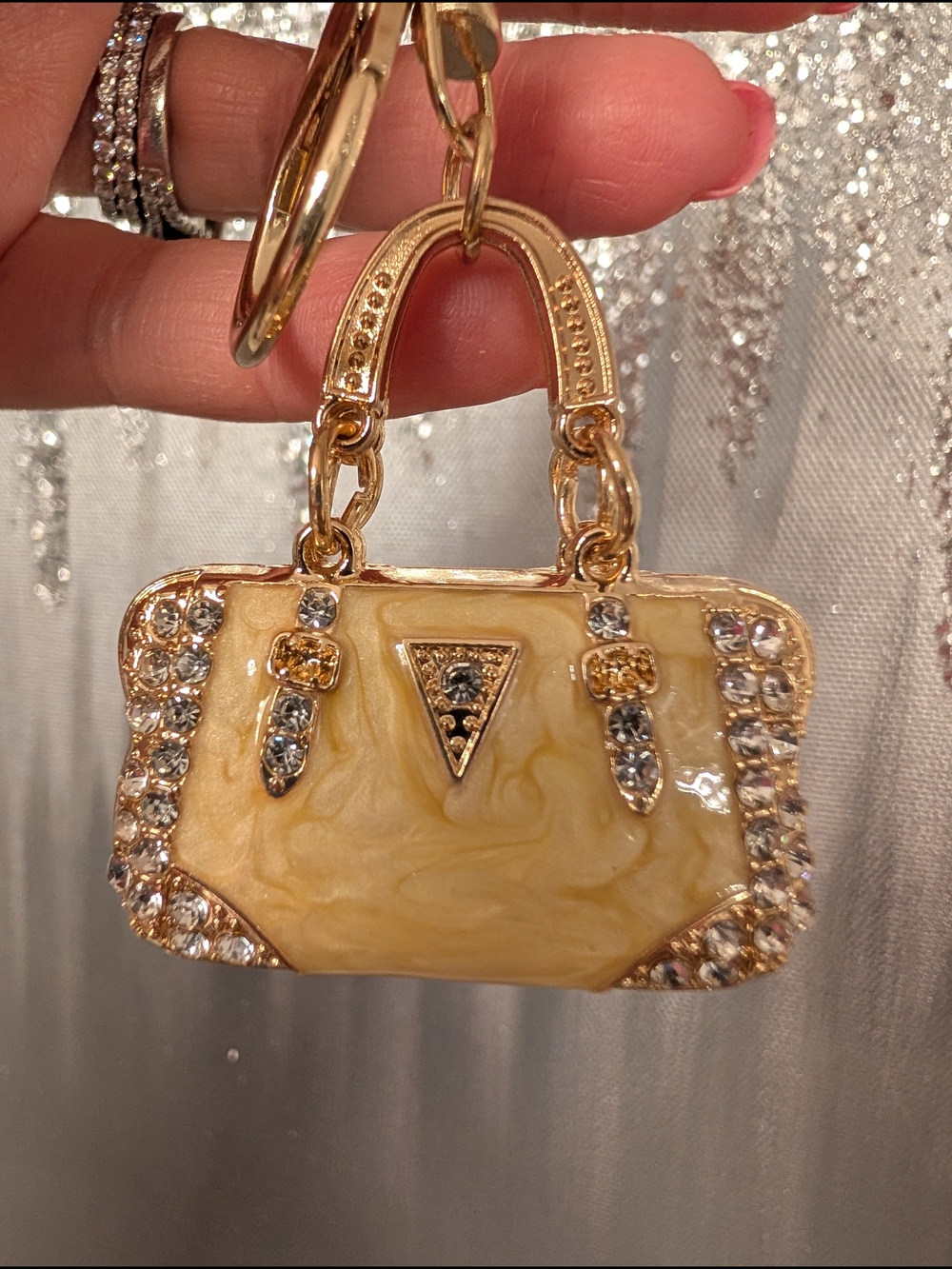 Gold and Cream Rhinestone Handbag Keychain/Bag Charm - Picture 3 of 4
